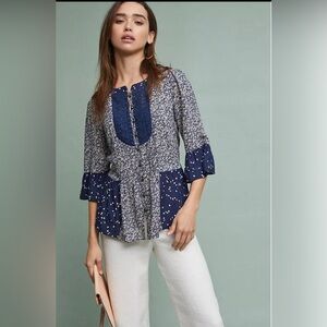 Mauve | Anthropologie | Hiver Peasant | Blouse in Blue Motif | Patterned |Size 8